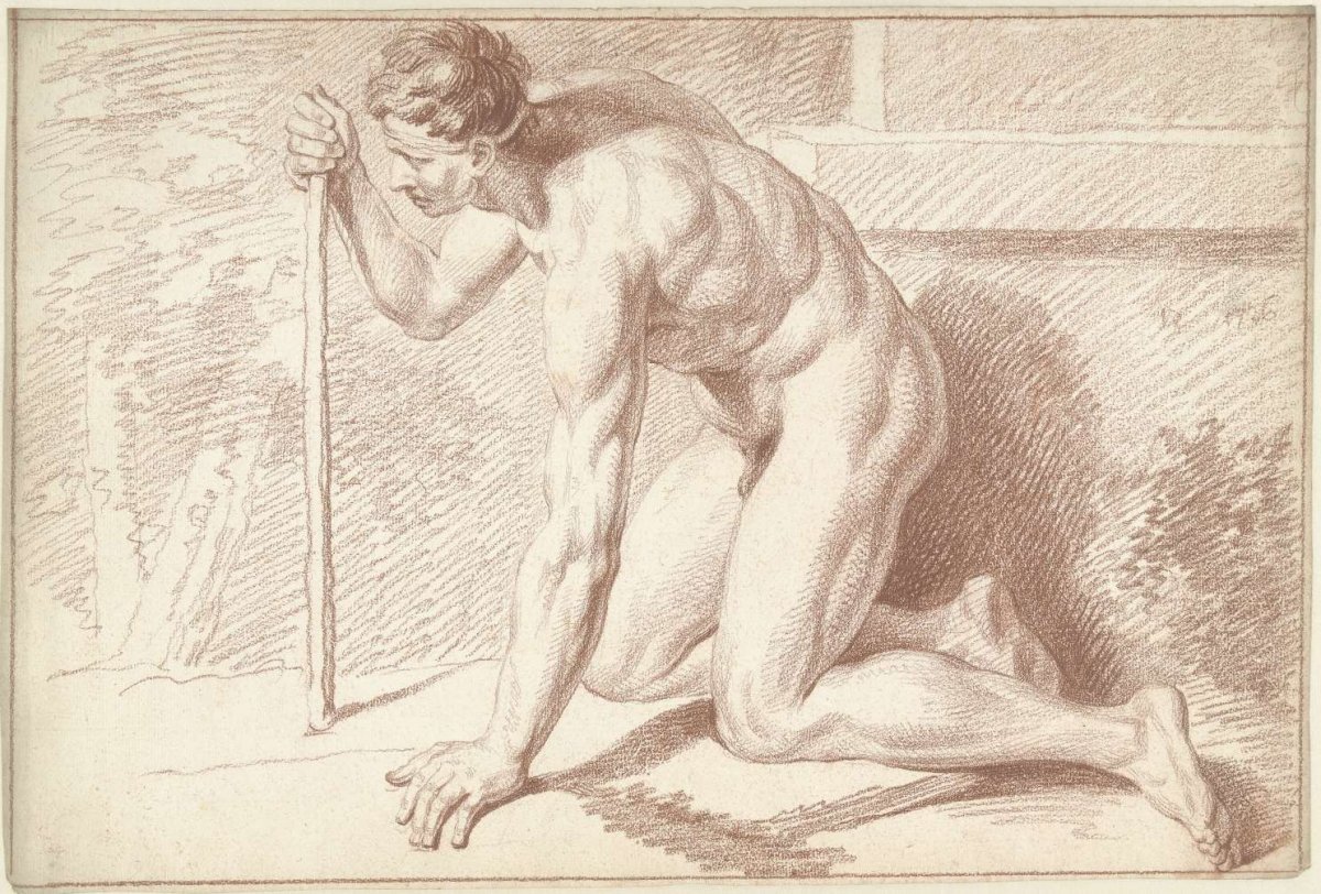 Male nude, kneeling, with cane, to left, Louis Fabritius Dubourg, 1726