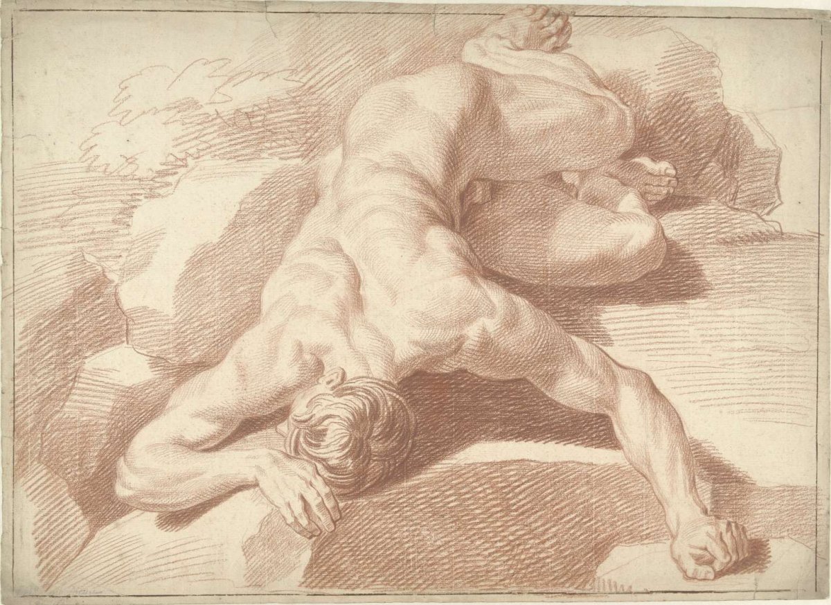 Male nude, lying on stomach, shown abbreviated, Louis Fabritius Dubourg, 1726