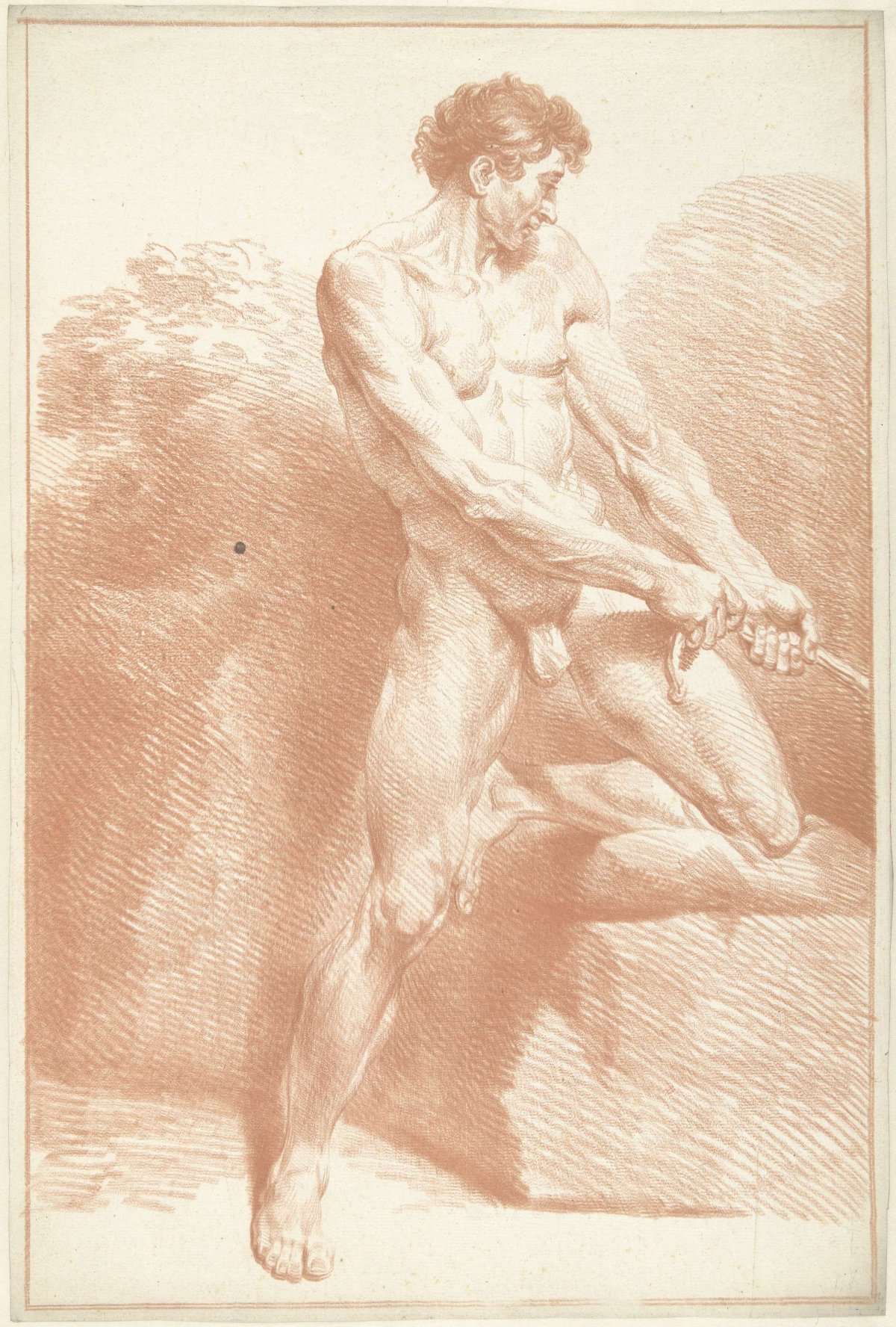 Male nude, standing, pulling a rope, Louis Fabritius Dubourg, 1703 - 1775