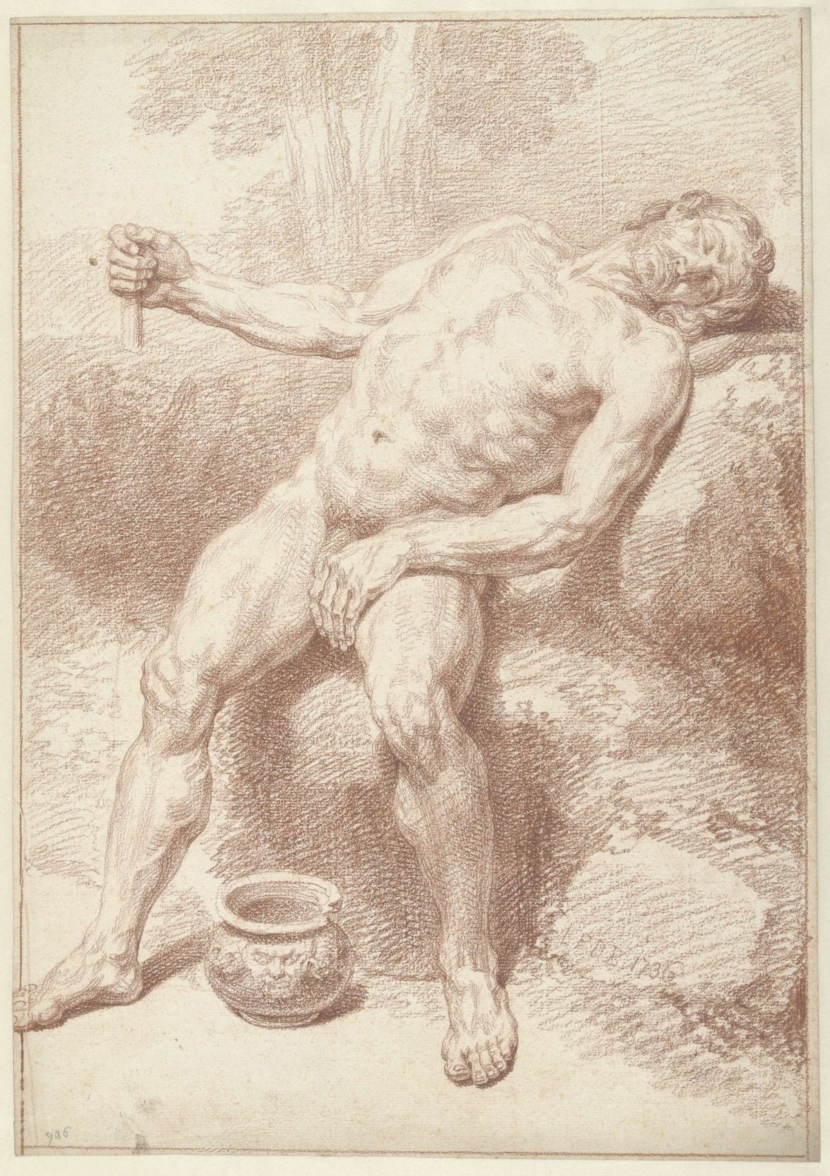 Mannelijk naakt, zittend, achterovergeleund, Louis Fabritius Dubourg, 1736