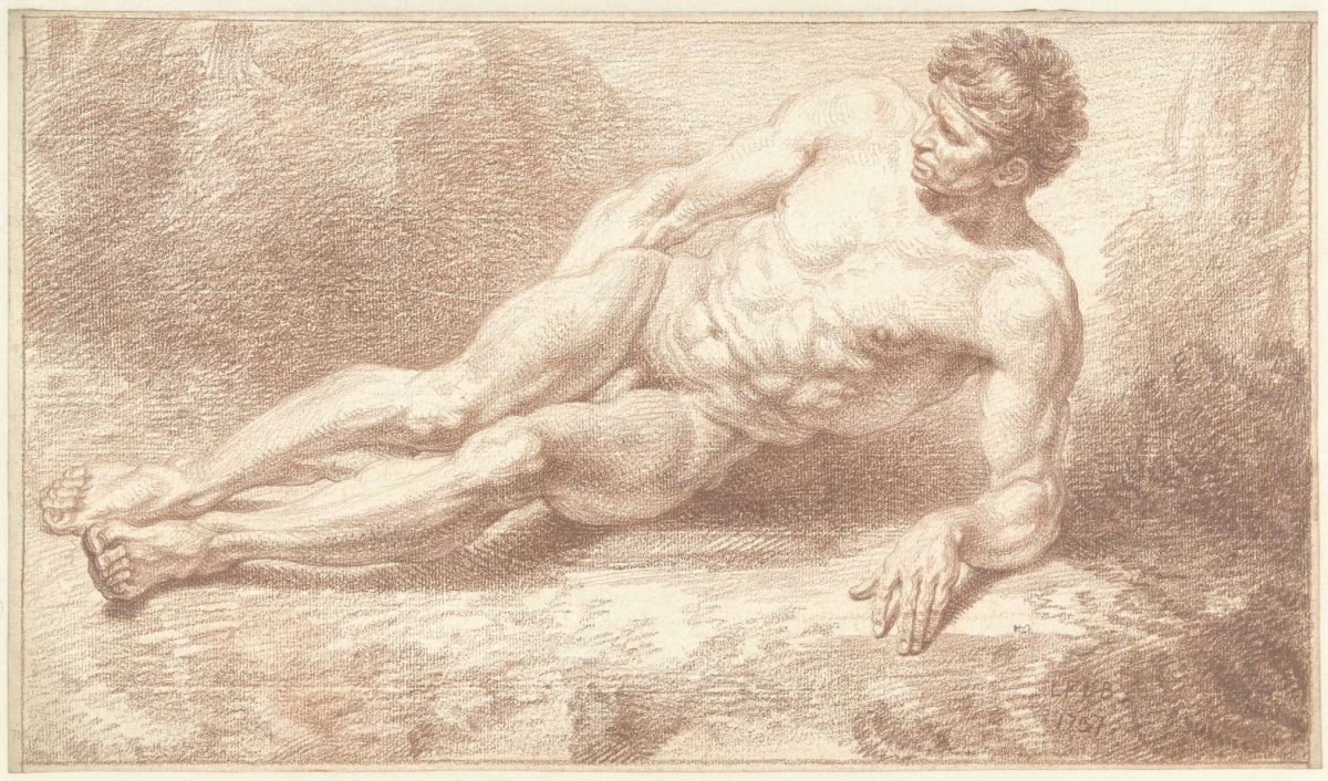 Male nude, lying on side, supporting left arm, Louis Fabritius Dubourg, 1737