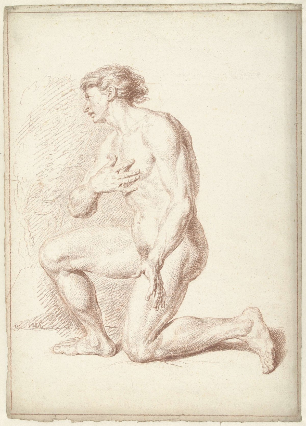 Male nude, kneeling, facing left, Louis Fabritius Dubourg, 1725