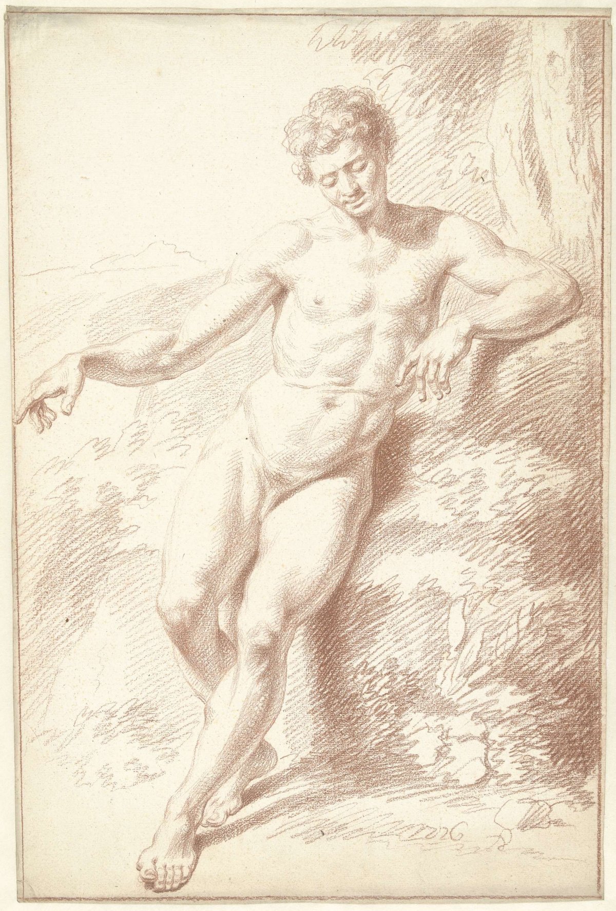 Male nude, standing, leaning on left arm, Louis Fabritius Dubourg, 1726