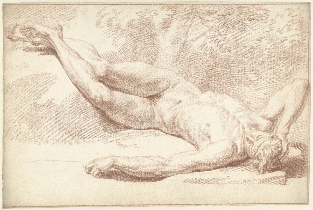 Male nude, lying on back, to right, Louis Fabritius Dubourg, 1725