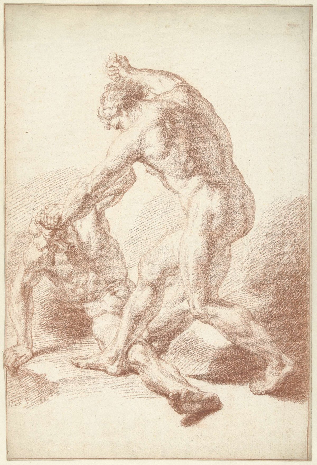 Two naked men in battle, Louis Fabritius Dubourg, 1728