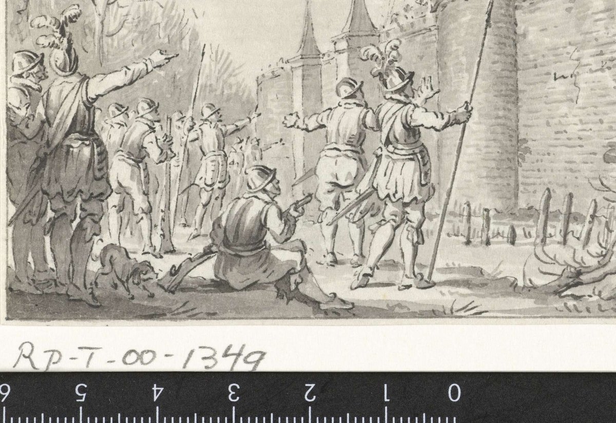 Citizens of Haarlem throw a barrel with eleven heads over the city wall during the siege in 1573, Jacobus Buys, 1785 - 1787