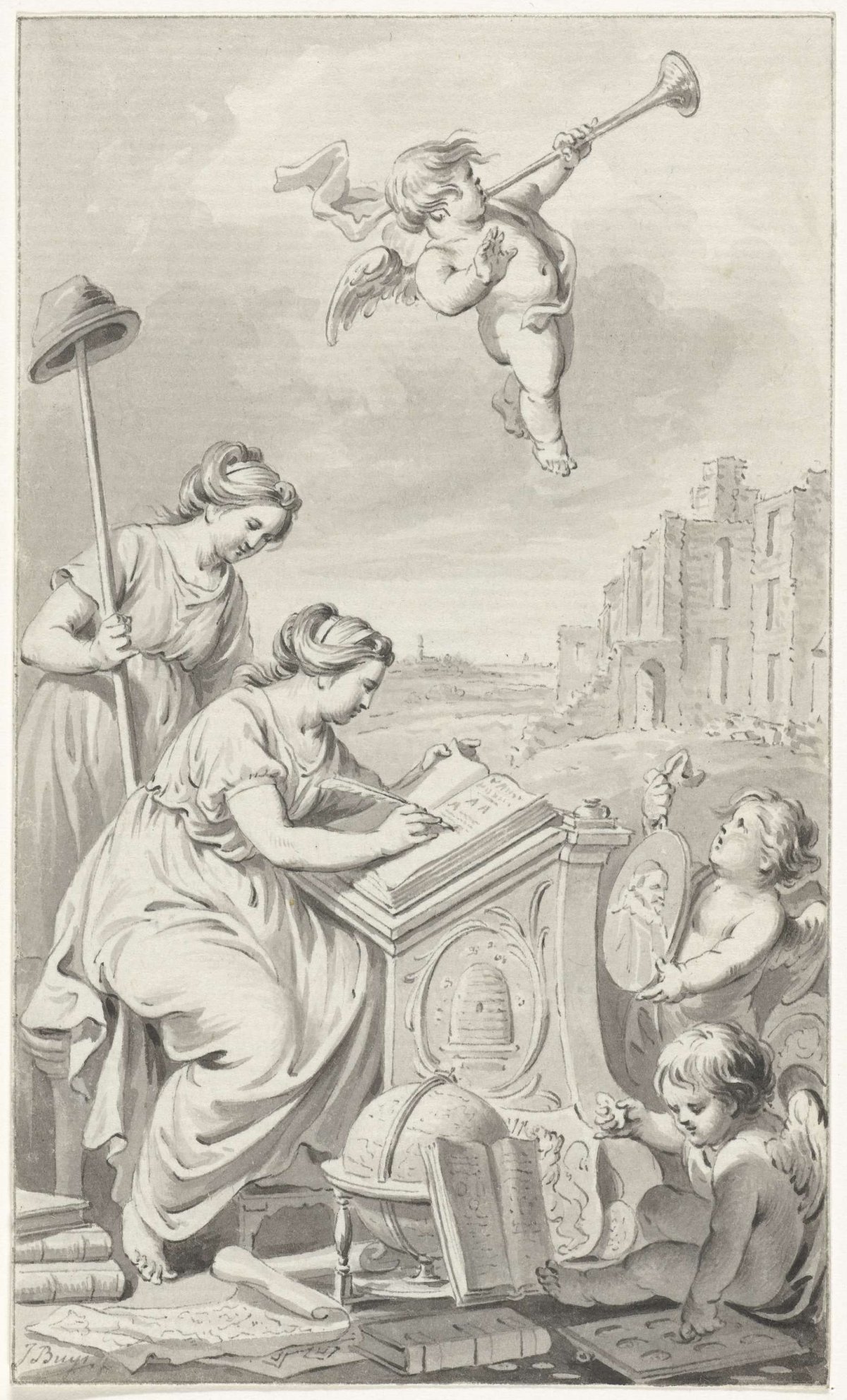 Writing history at a lectern, with Liberty and Fame, Jacobus Buys, 1783 - 1785