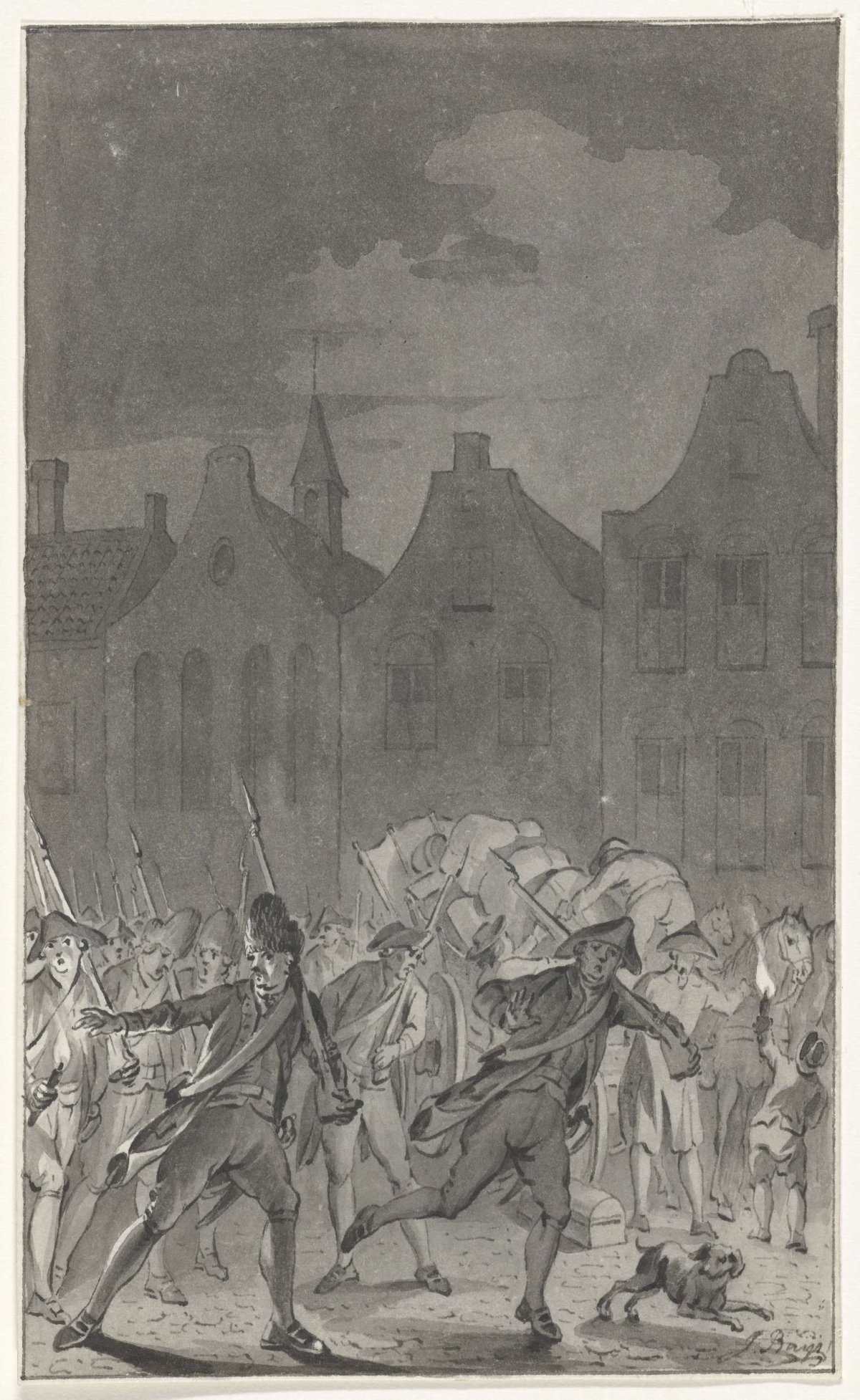 Prussian troops on the Neude in Utrecht as they leave the city, Sept. 16, 1787, Jacobus Buys, 1787 - 1801