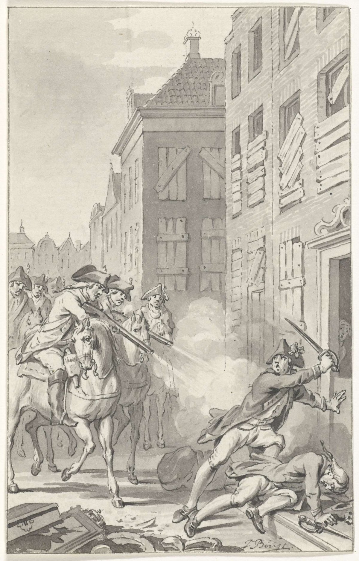 Two riotous soldiers at 's-Hertogenbosch shot by horsemen, November 1787, Jacobus Buys, 1787 - 1801