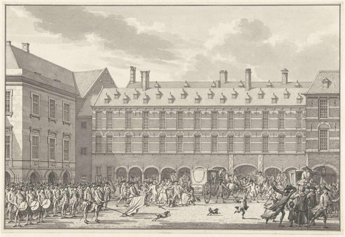 Riots as the Deputies of Dordrecht ride through the Stadholder Gate at the Binnenhof, 1786, Jan Bulthuis, 1786