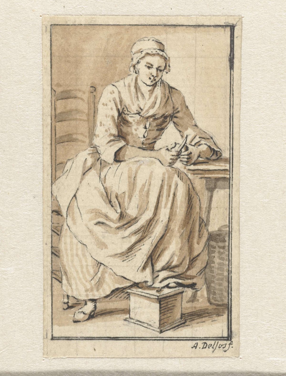 Seated, shouldering woman, Abraham Delfos, 1741 - 1820