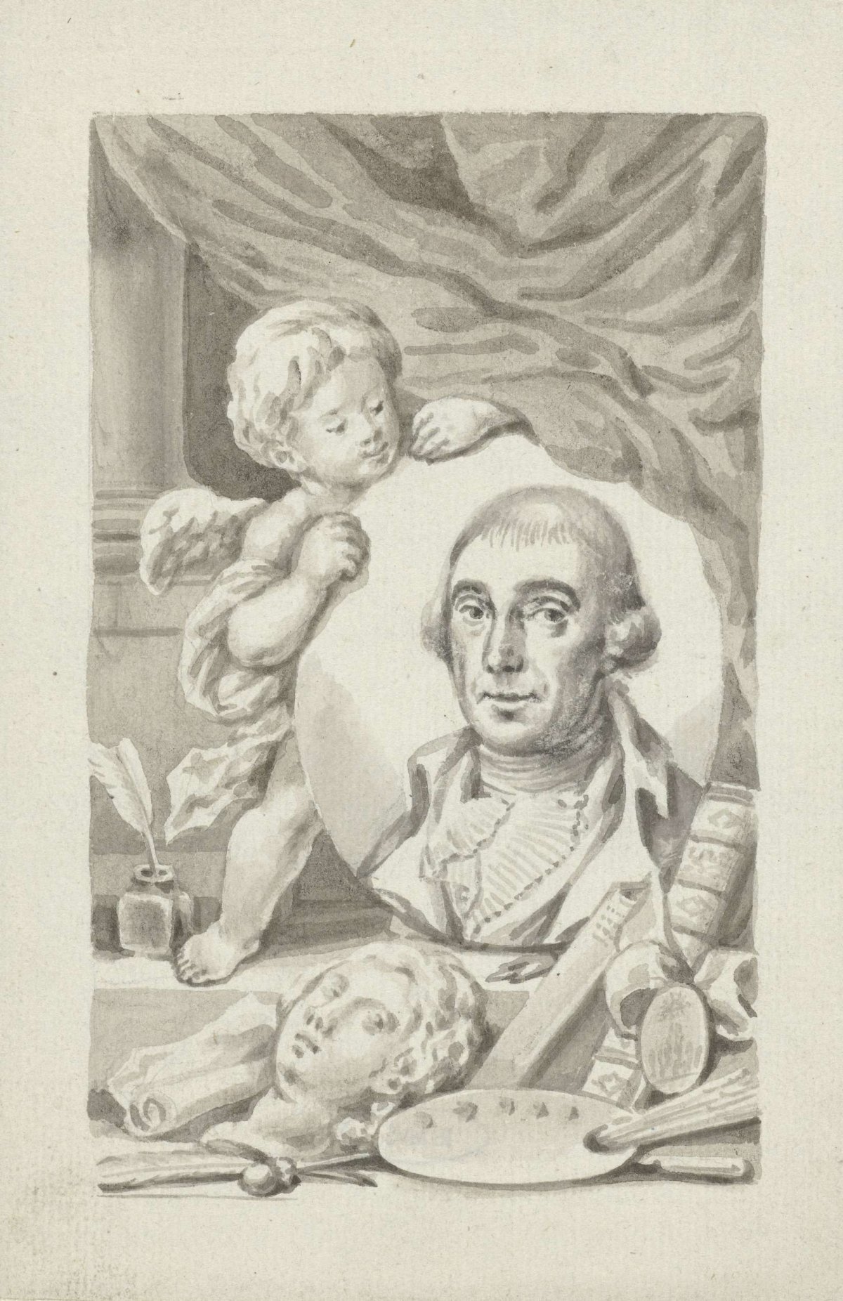 Putto with portrait medallion of an artist, Roeland van Eynden, c. 1757 - c. 1819