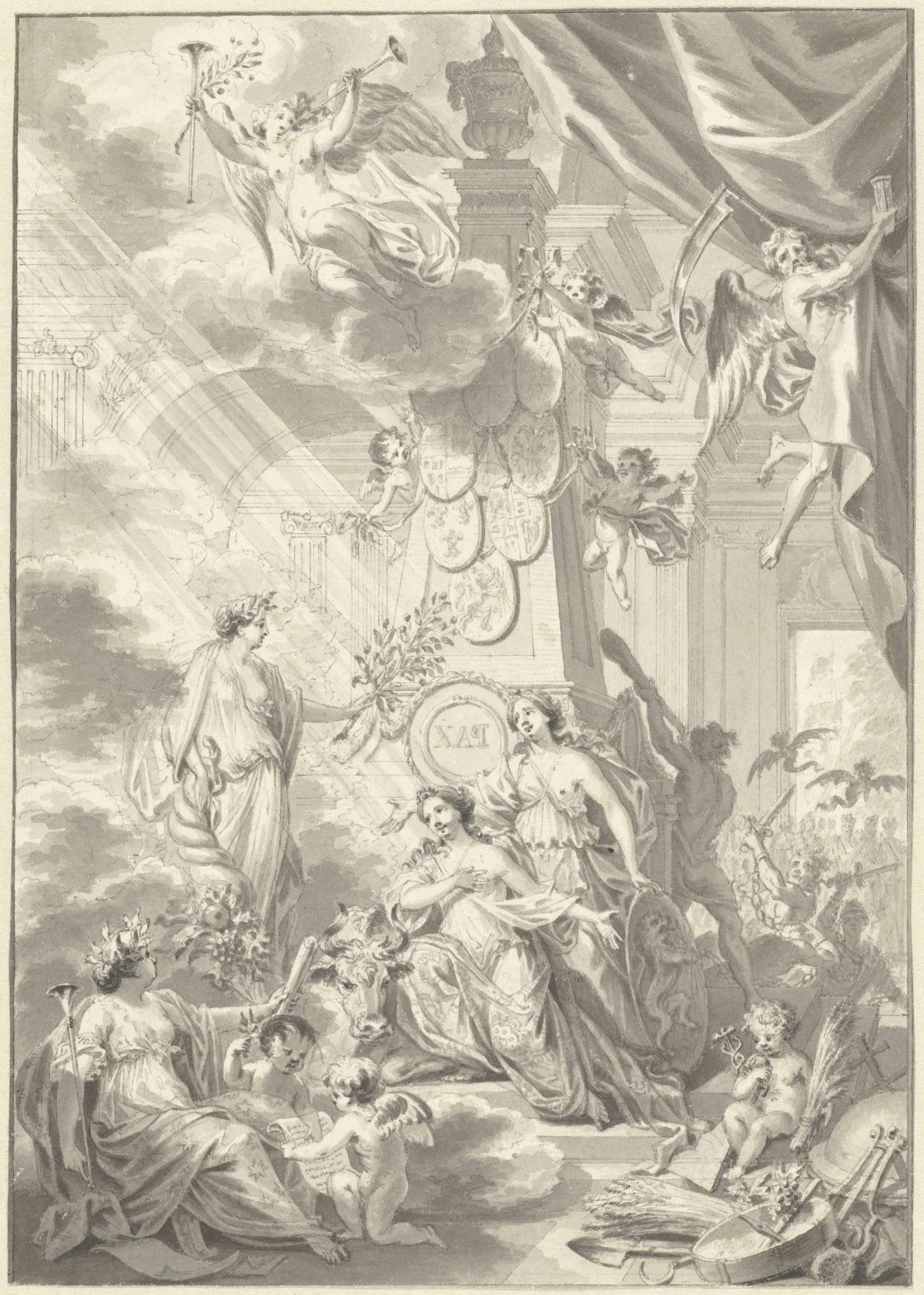 Allegory of the Peace of Aachen, 1748, Simon Fokke, 1749