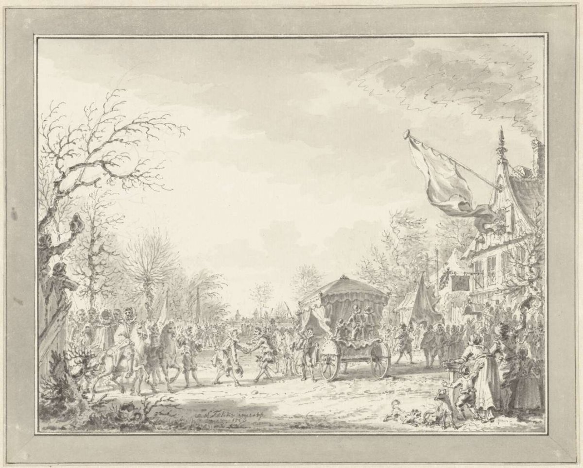 Arrival of the five Spanish ambassadors to the Truce, at Rijswijk, February 1608, Simon Fokke, 1753