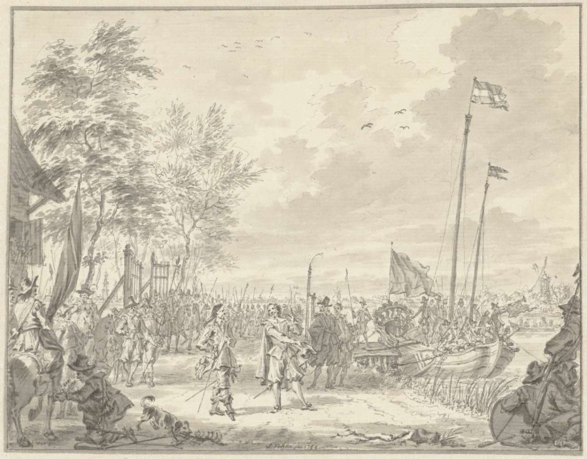 Negotiation between delegates from Amsterdam and Count Willem Frederik at Hofstede Welna on the Amstel, 1650, Simon Fokke, 1754