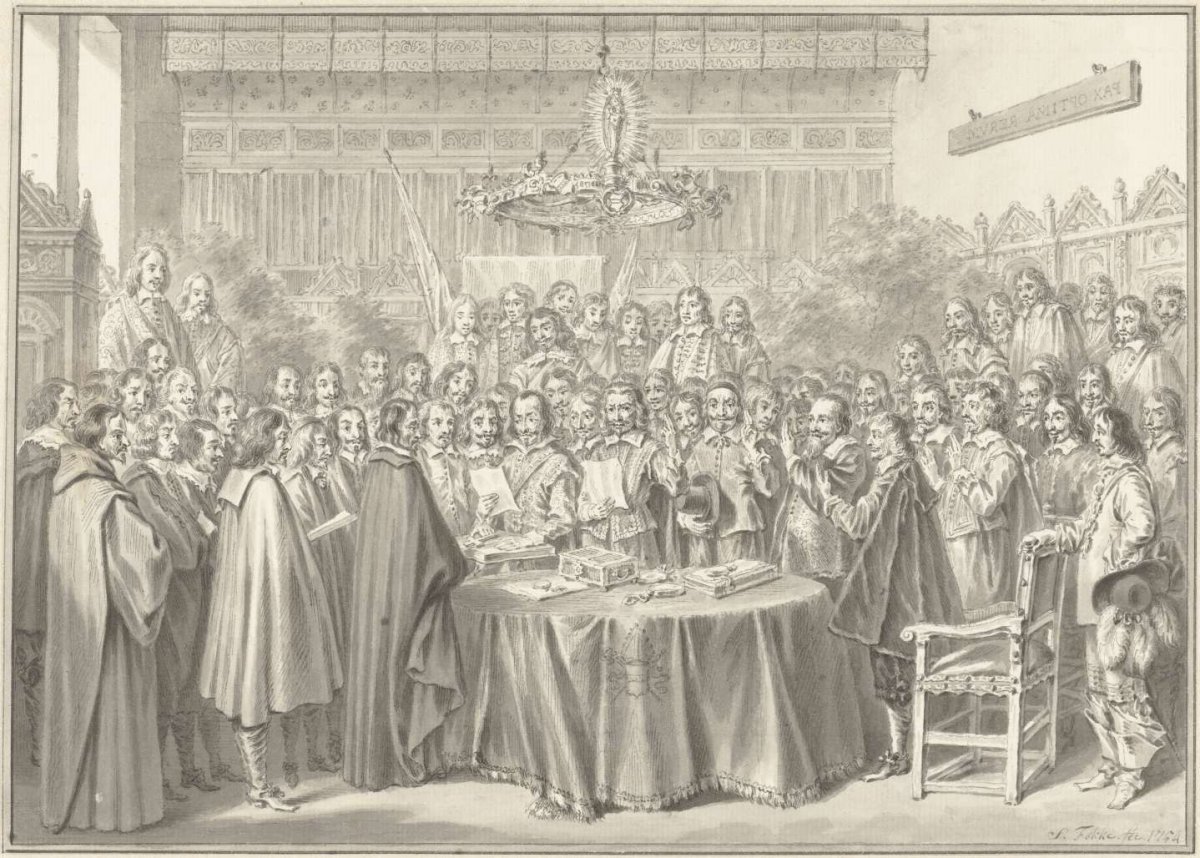 The swearing in of the Peace of Munster, 1648, Simon Fokke, 1754