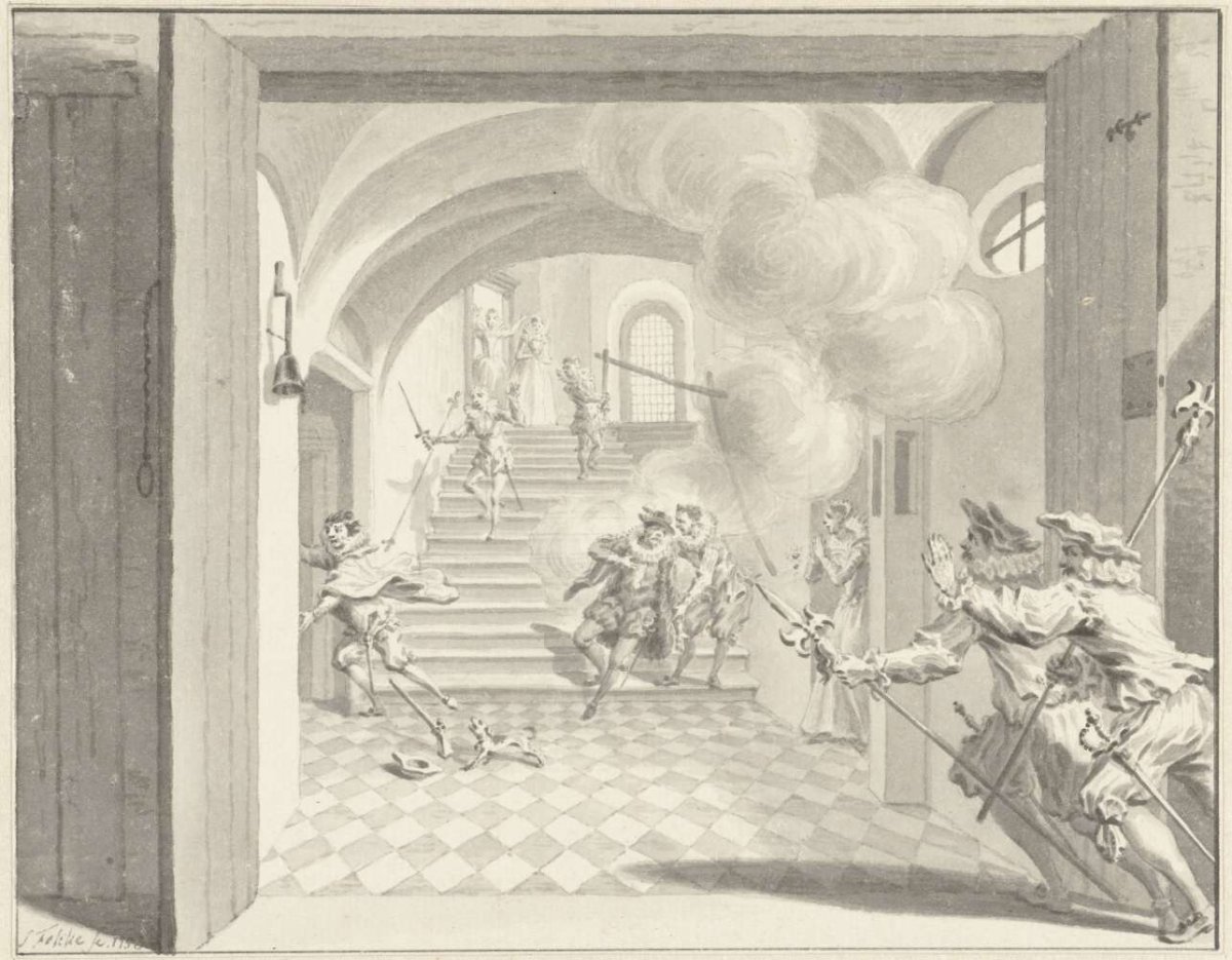 Willem I door Balthasar Gerards vermoord, Delft 10 juli 1584, Simon Fokke, 1753
