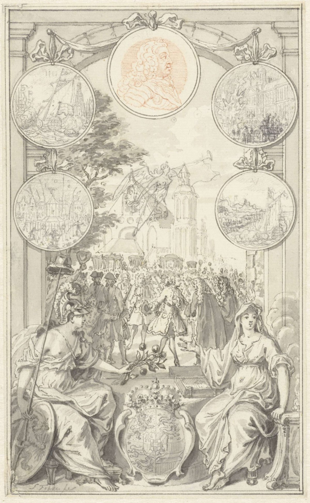Allegory depicting the arrival of William IV at The Hague, 1747, Simon Fokke, 1747