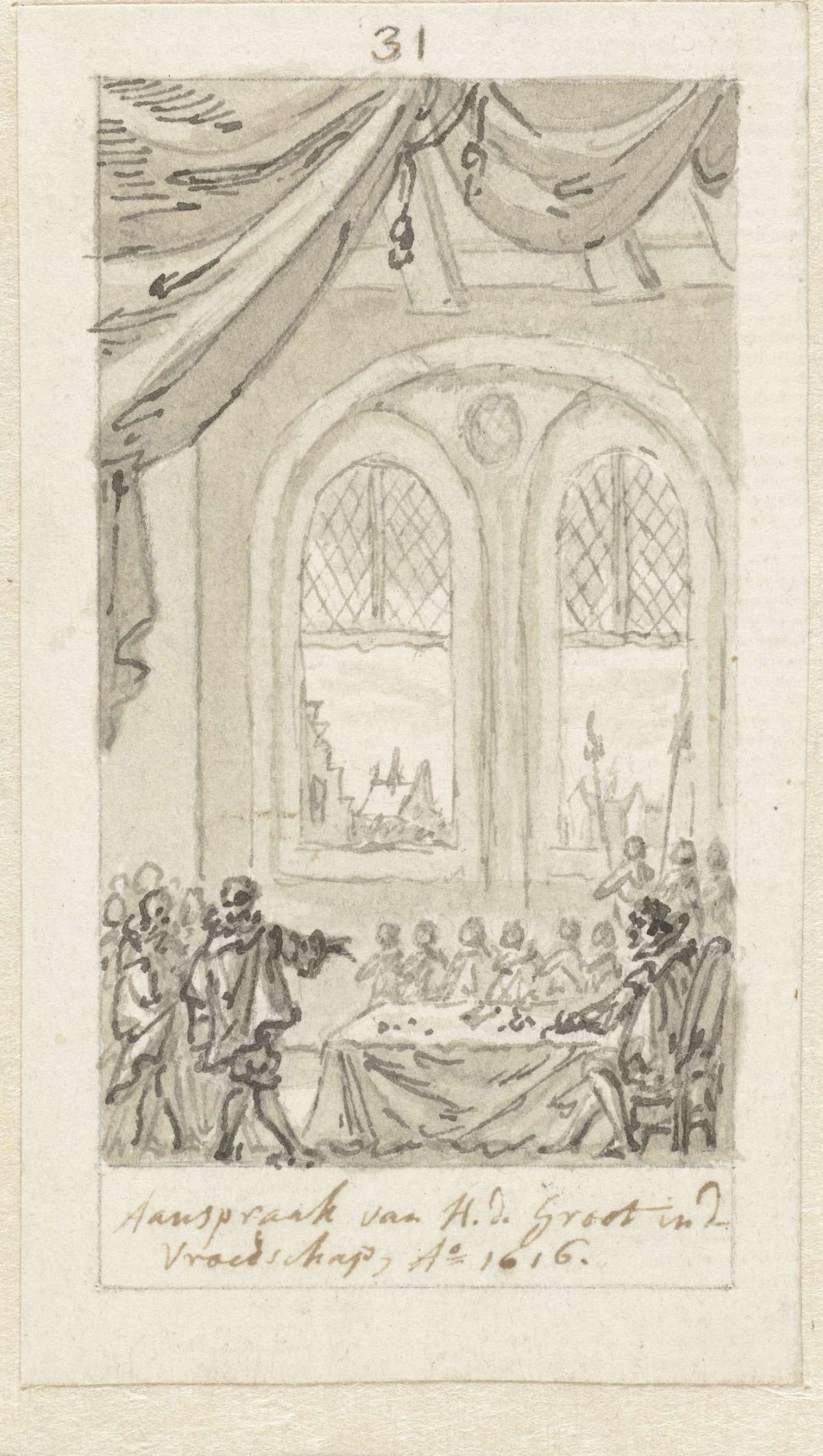 Hugo de Groot pleads for tolerance in the Amsterdam vroedschap, 1616, Simon Fokke, 1722 - 1784