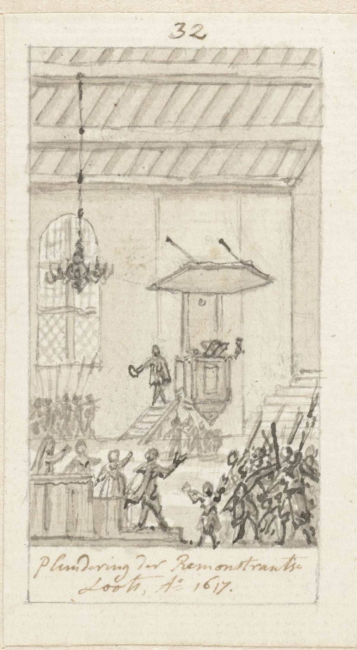 Looting of the Remonstrant meeting place in Amsterdam, Feb. 2, 1617, Simon Fokke, 1722 - 1784