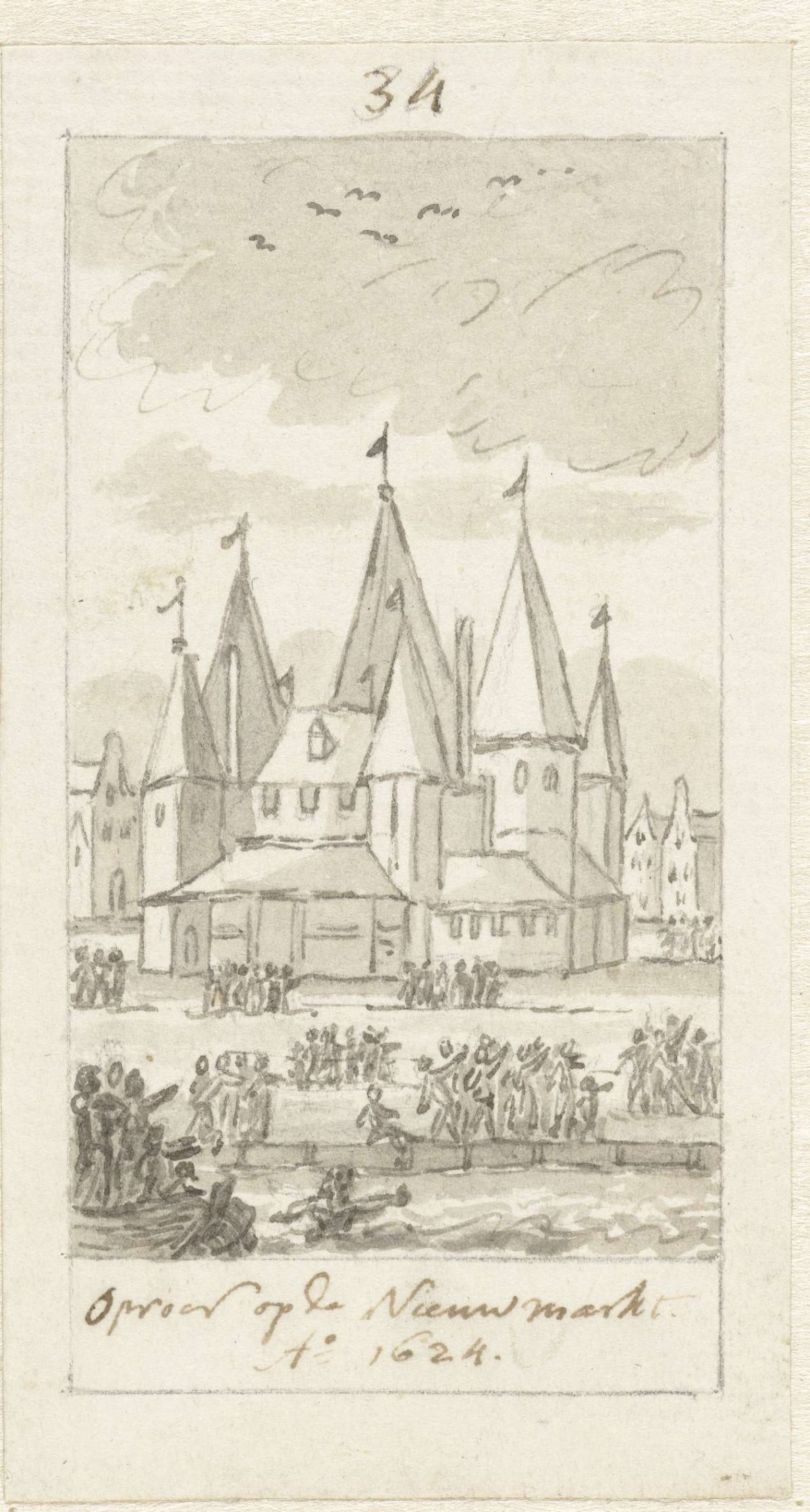 Riot in the Nieuwmarkt over an alleged sorceress, 1624, Simon Fokke, 1722 - 1784
