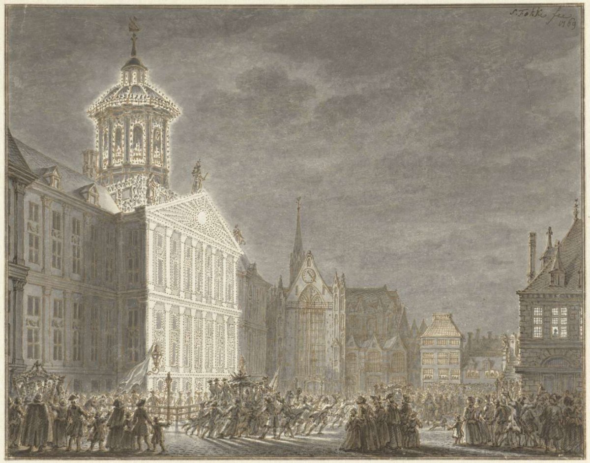 Illumination of city hall for William V and Wilhelmina of Prussia, 1768, Simon Fokke, 1769