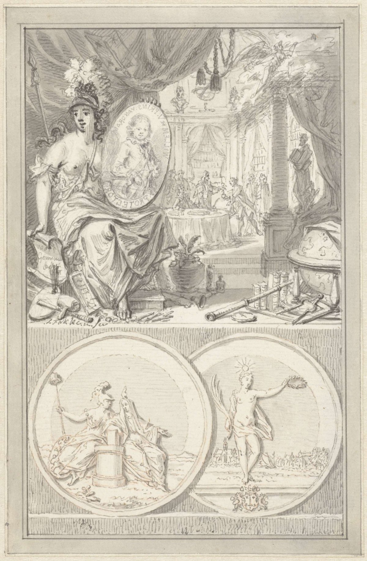 Allegory of the founding of the Holland Society of Sciences, 1752, Simon Fokke, 1752