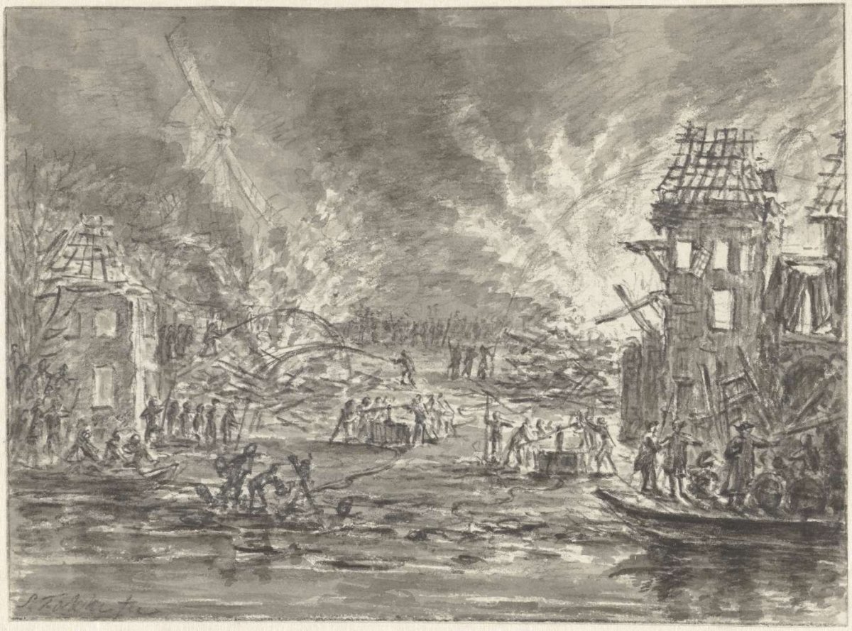 Heavy fire at the Raampoort in Amsterdam at the line lane Het Speeljagt, 1761, Simon Fokke, 1761