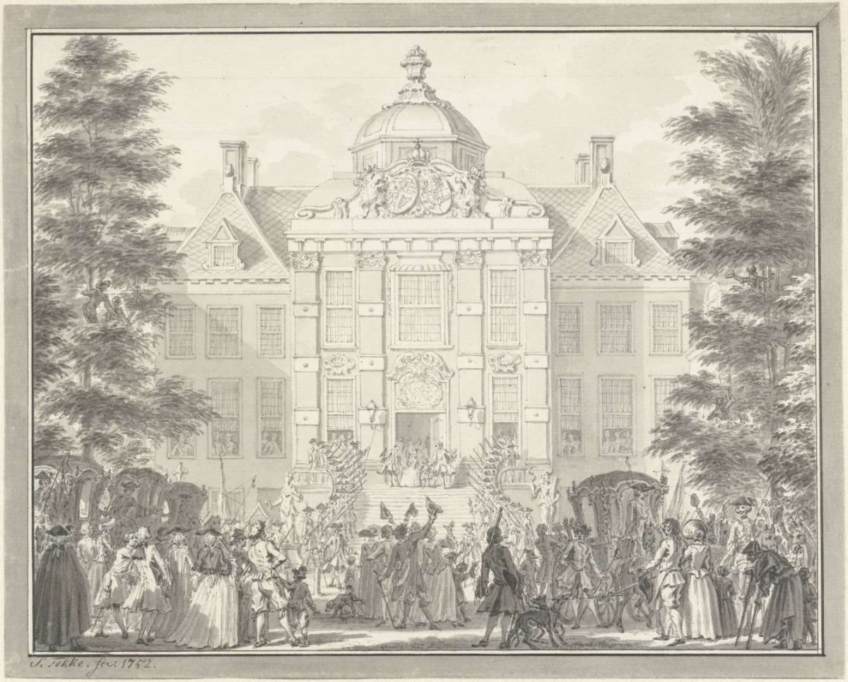 William V appears as Knight of the Order of the Garter on the steps of Huis ten Bosch, 1752, Simon Fokke, 1752