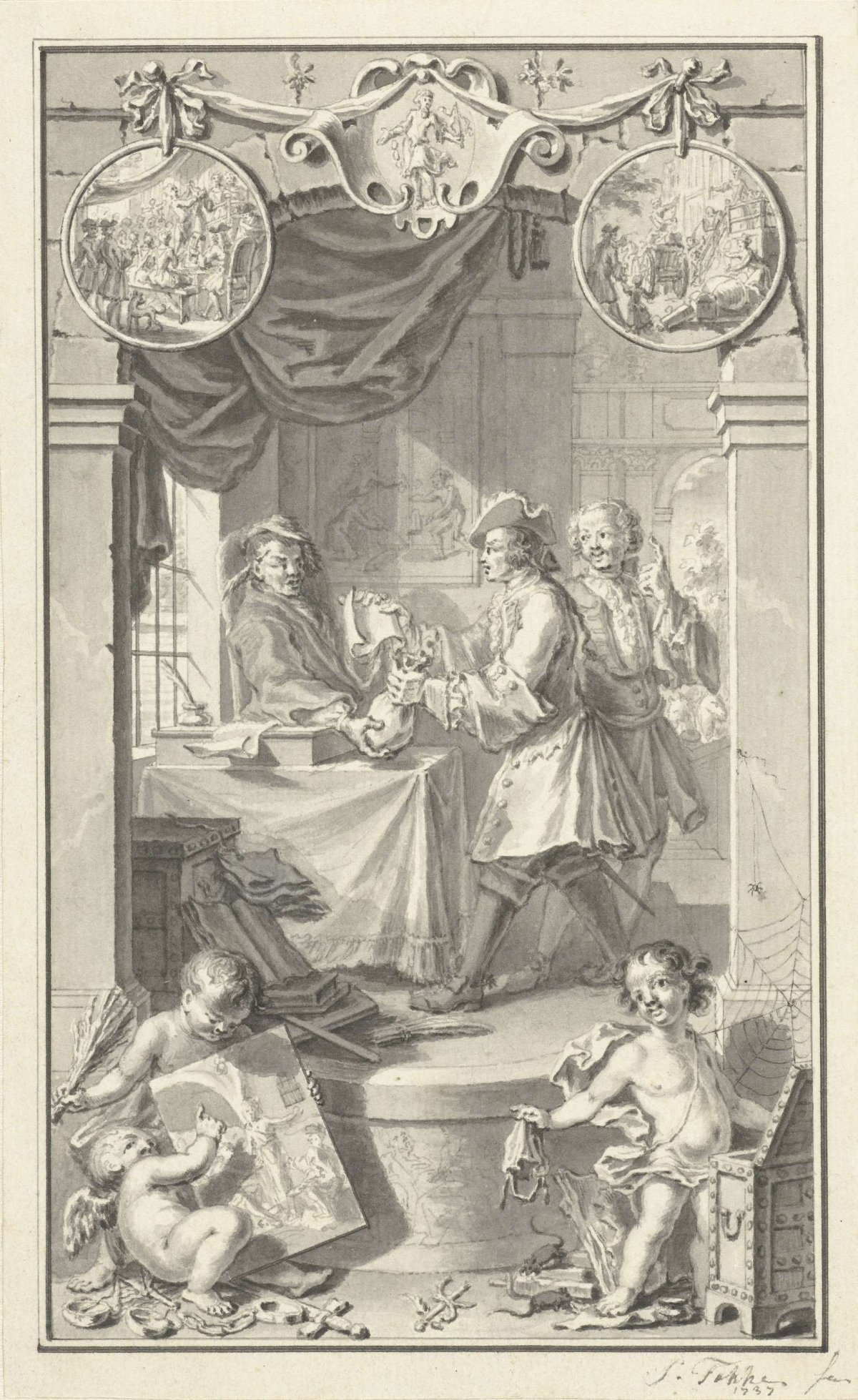 Allegory of the deception of Aron Abrams, 1737, Simon Fokke, 1737