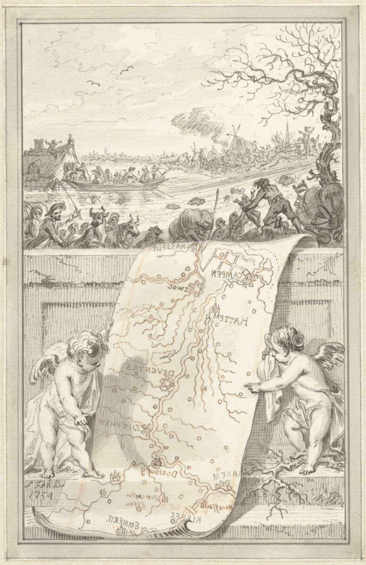 Breakthrough of the Rhine and IJssel dikes, 1754, Simon Fokke, 1754