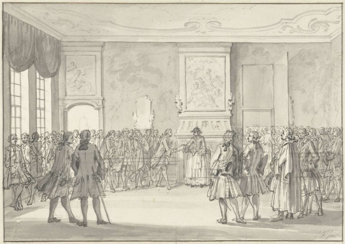 Dutch merchants hand Princess Anna a letter of complaint about English attacks, 1758, Simon Fokke, 1758