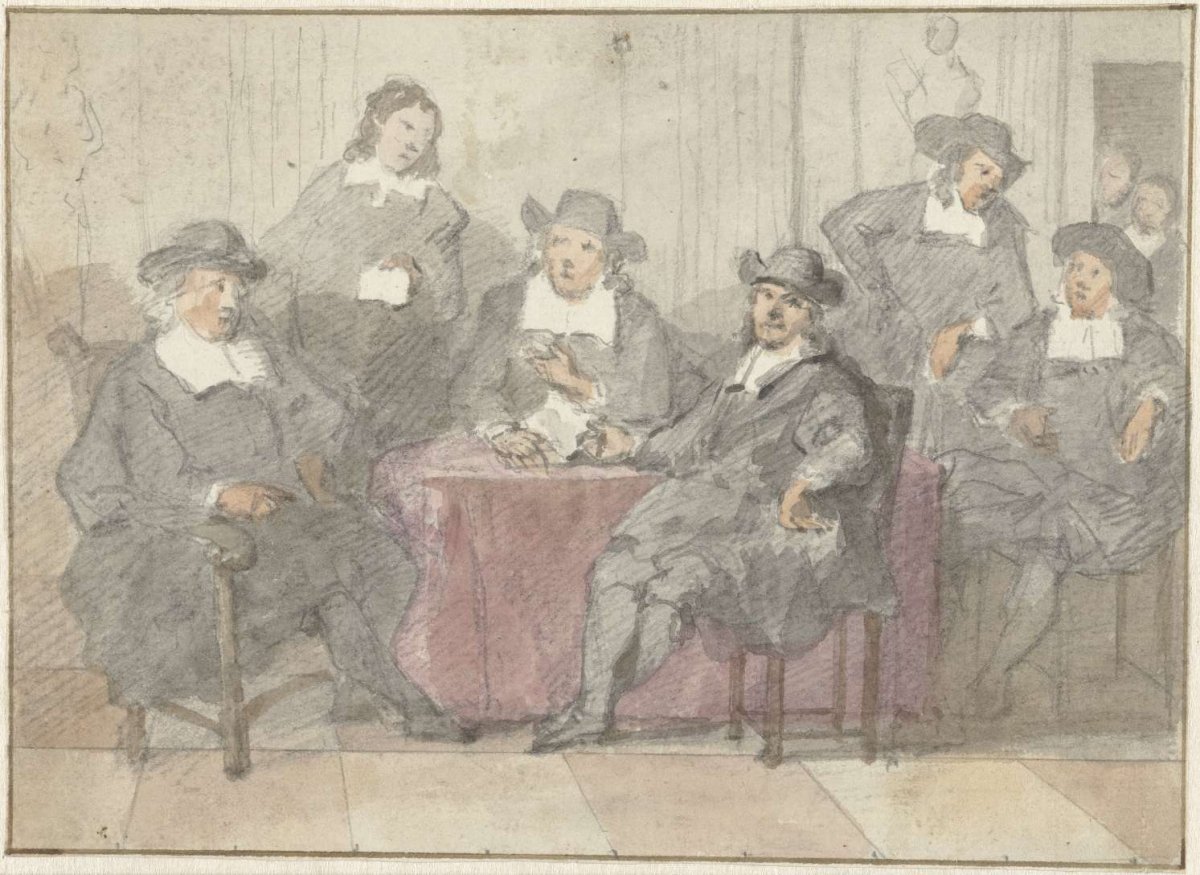 Group portrait of six gentlemen seated and standing around a table, anonymous, 1700 - 1800