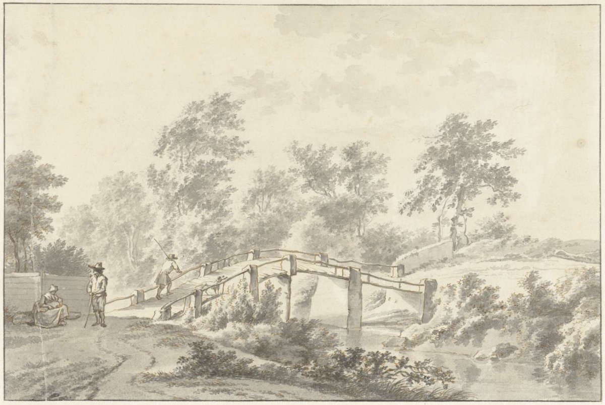 Landscape with figures near a bridge, Geerlig Grijpmoed, 1770 - 1788