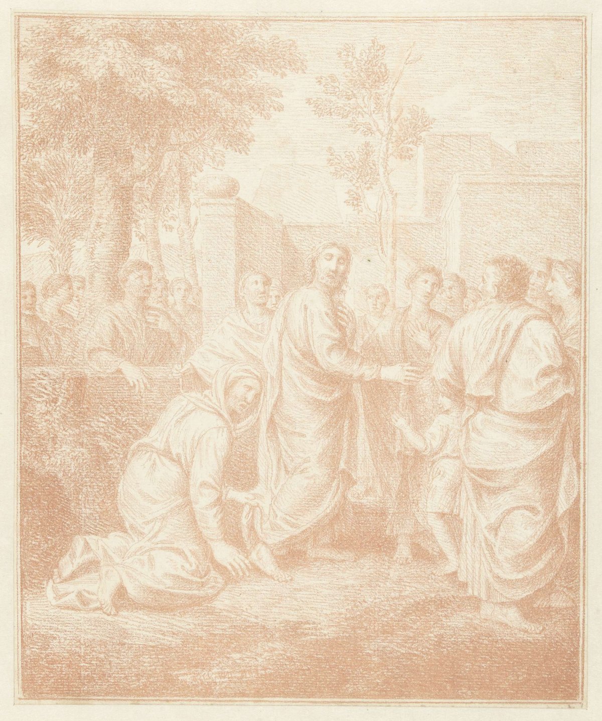 Kneeling woman grasps mantle of Christ, Louis Fabritius Dubourg, 1703 - 1775