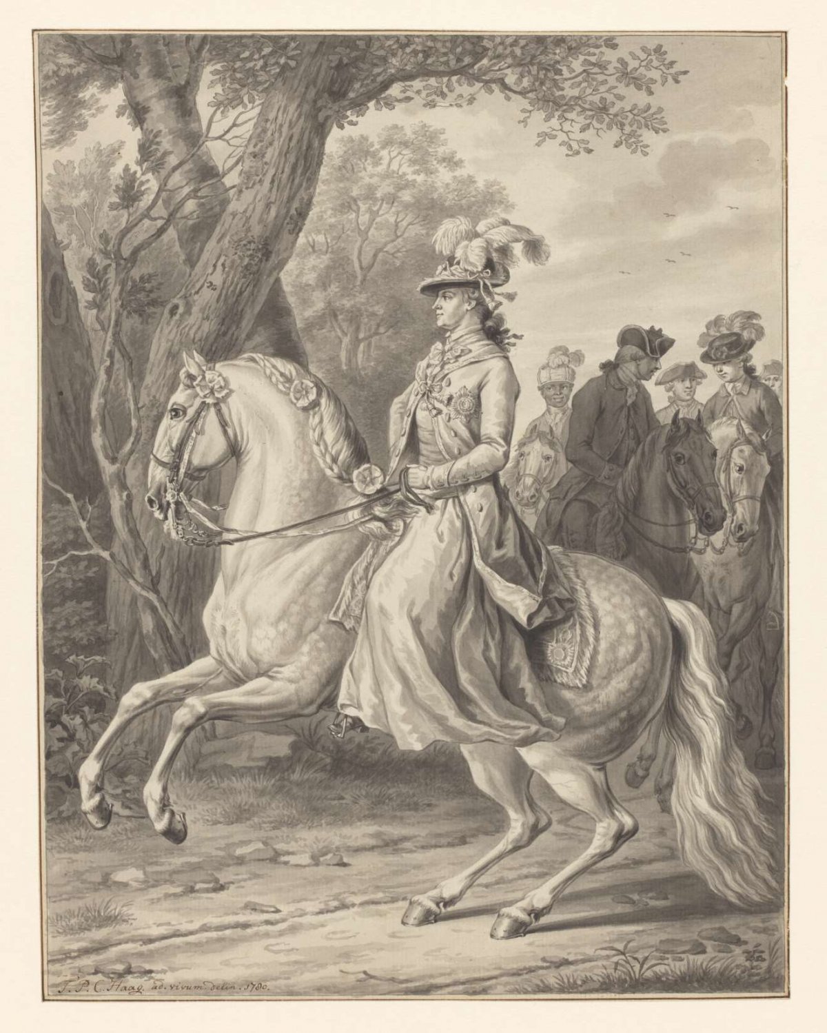 Wilhelmina of Prussia, princess of Orange-Nassau, on horseback, Tethart Philip Christian Haag, 1780