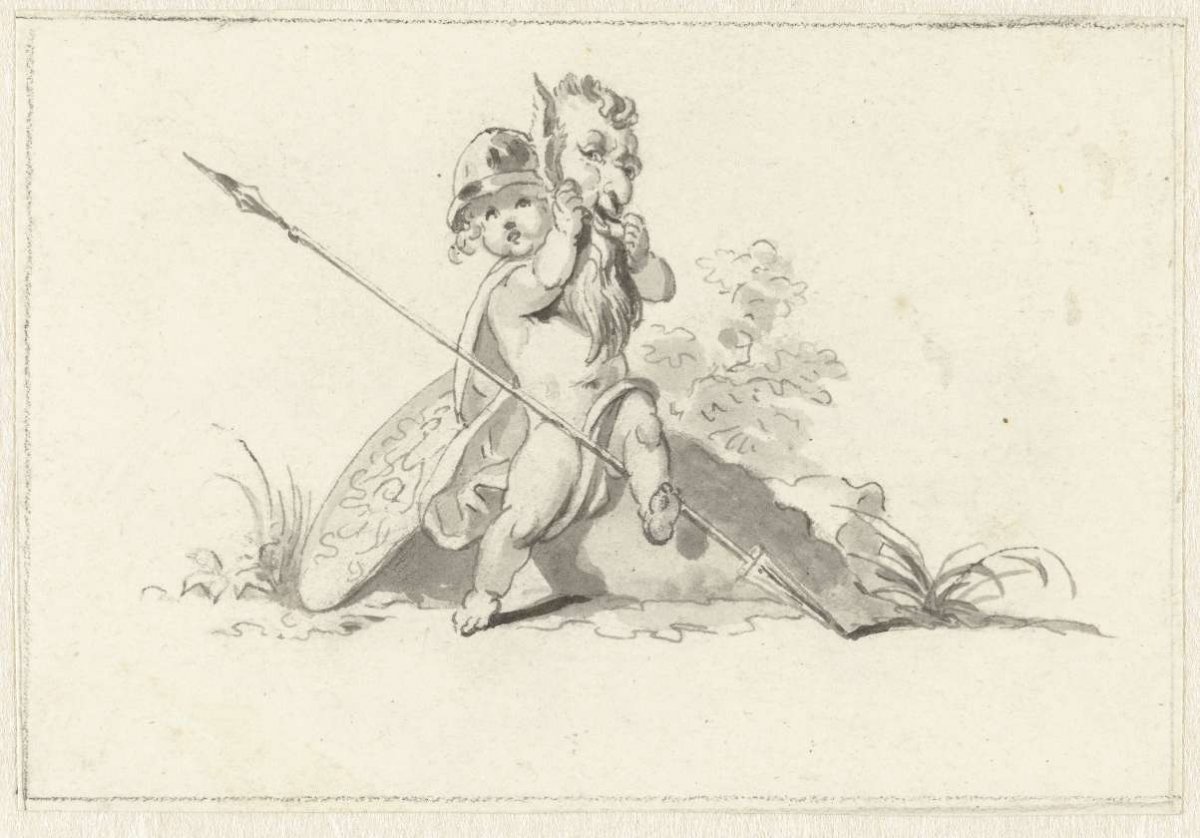Putto in armor with mask, anonymous, 1700 - 1800