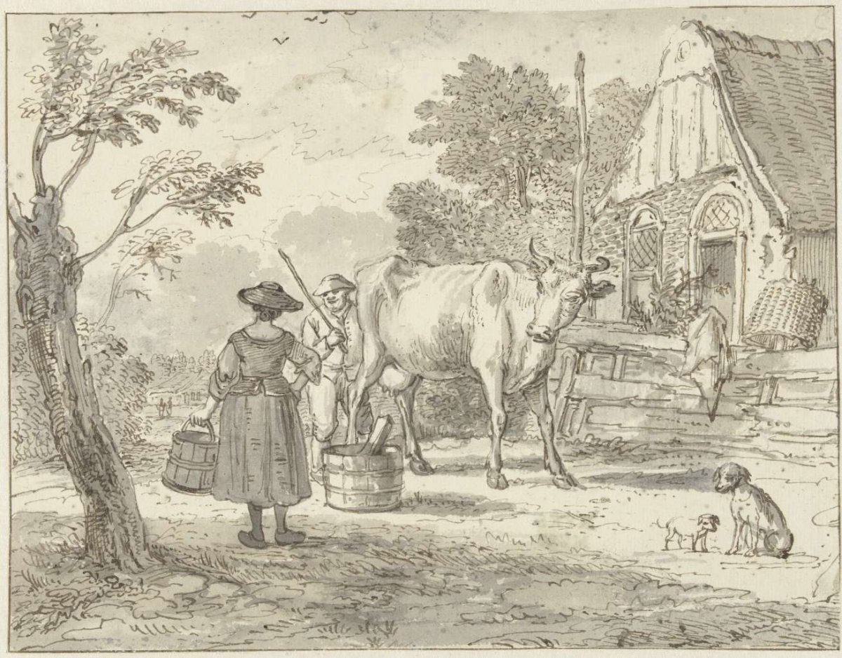 Farmers with a cow in front of the house, Paulus Constantijn la Fargue, 1739 - 1782