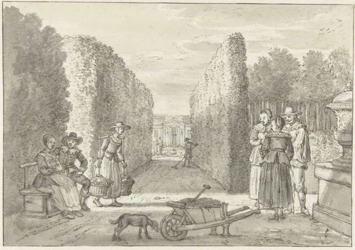 Several people in a garden with tall hedges, Paulus Constantijn la Fargue, 1739 - 1782