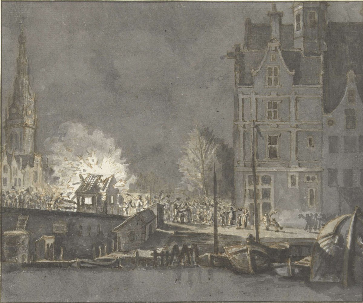 Burning of customs houses near the Nieuwebrug in Amsterdam, Gerrit Lamberts, 1813