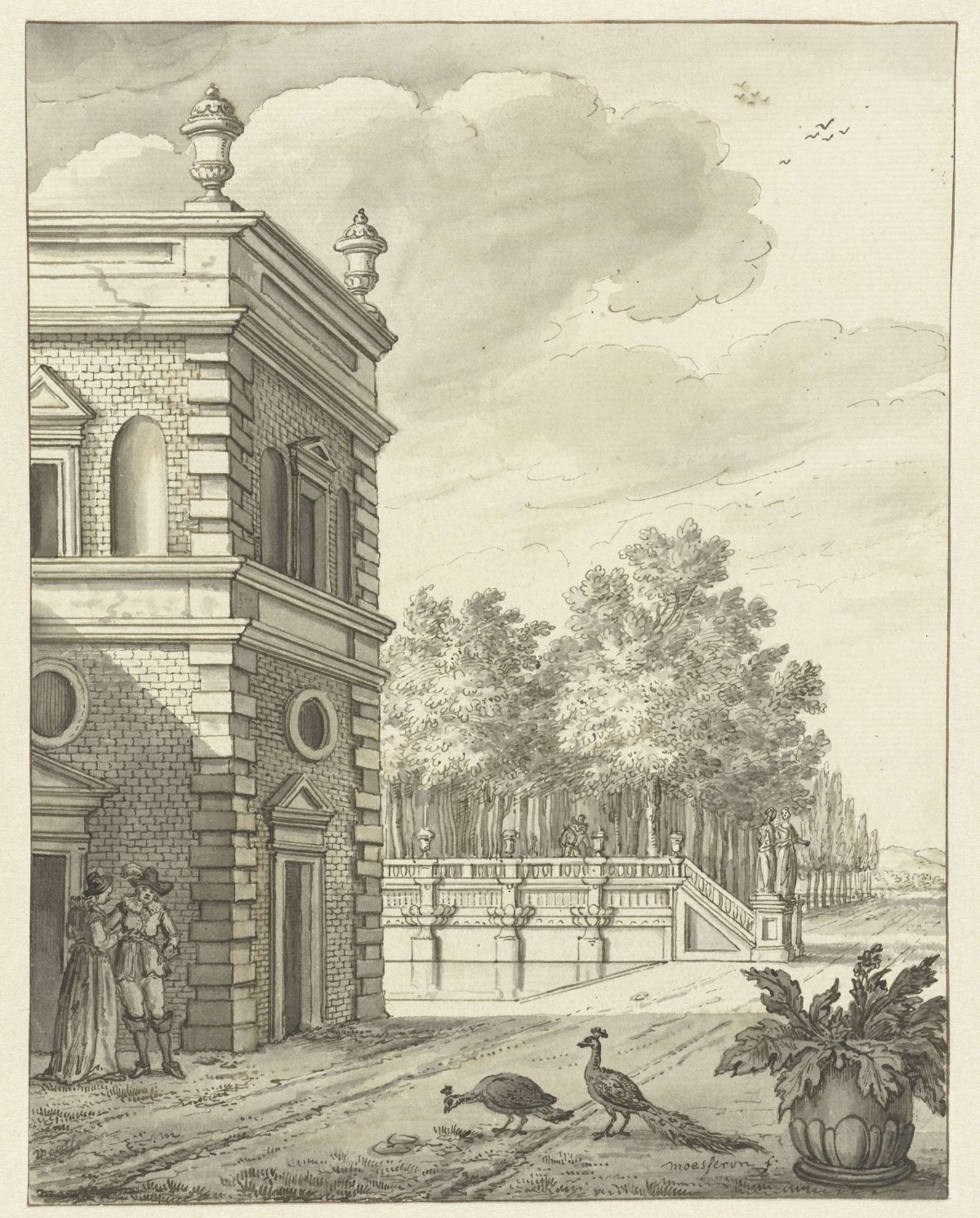 Country house with pond and two peacocks, anonymous, c. 1700 - c. 1800