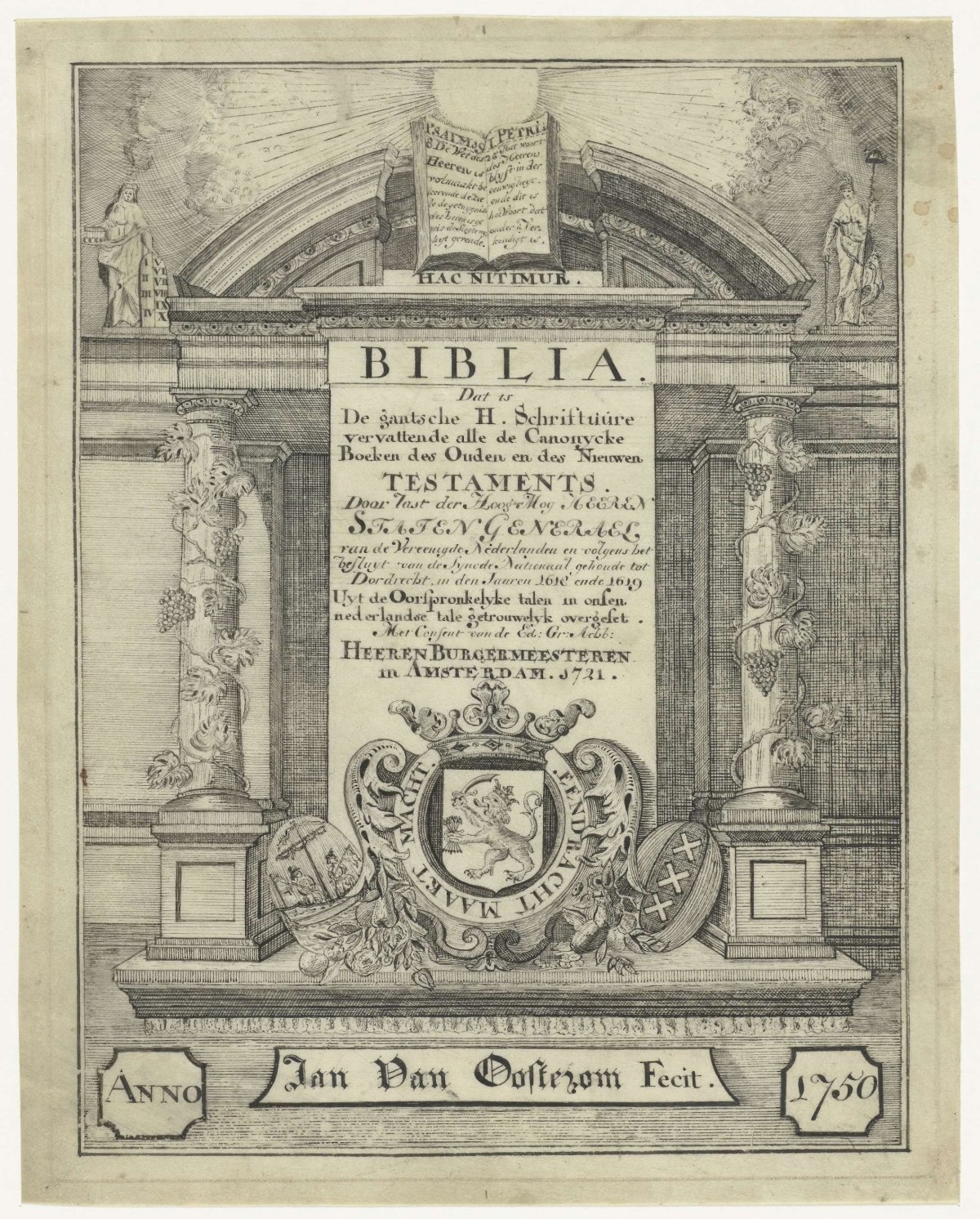 Title page of a 1721 Bible, Jan van Oosterom, 1750