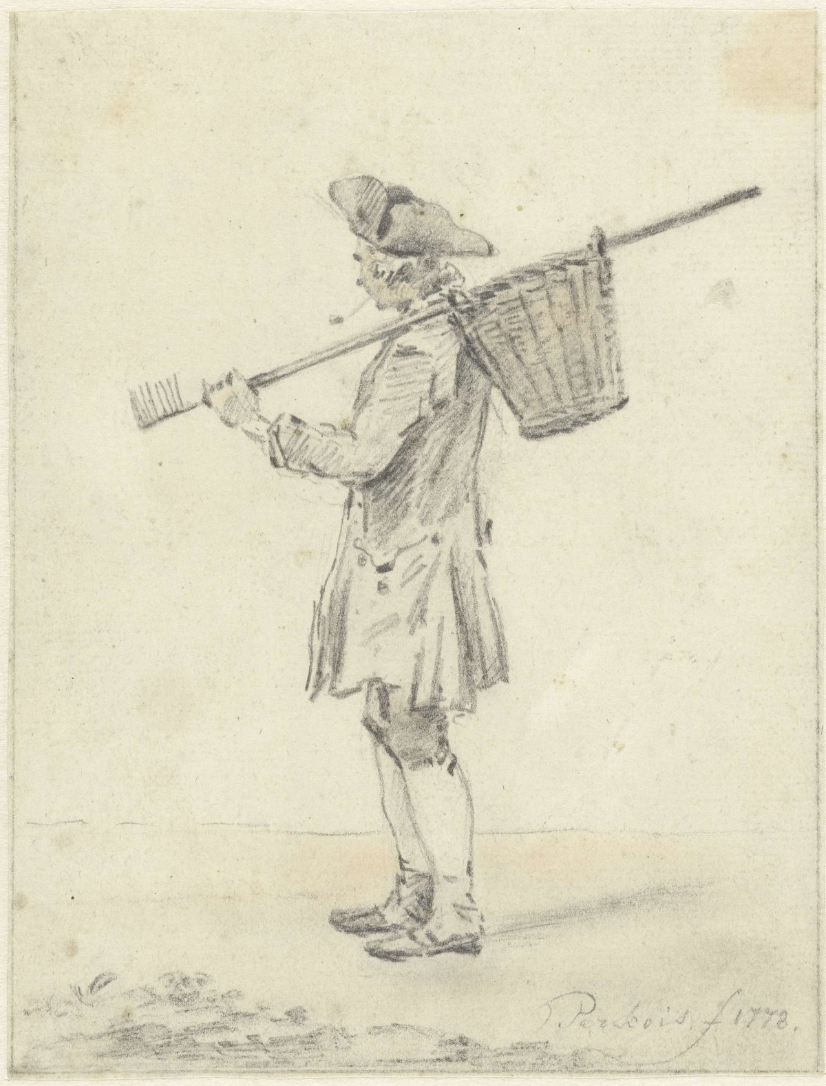 Standing man with a rake over his shoulder, Jacob Perkois, 1777 - 1778