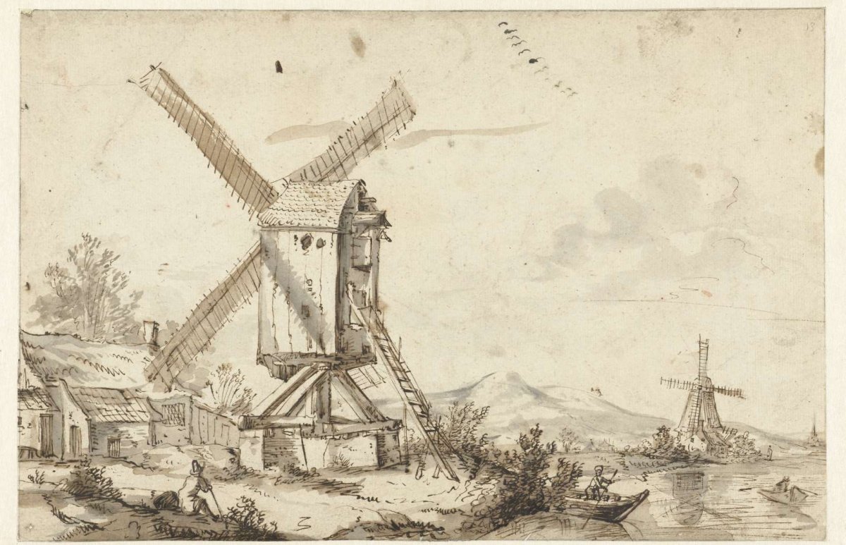 Landscape with two windmills, anonymous, 1600 - 1699