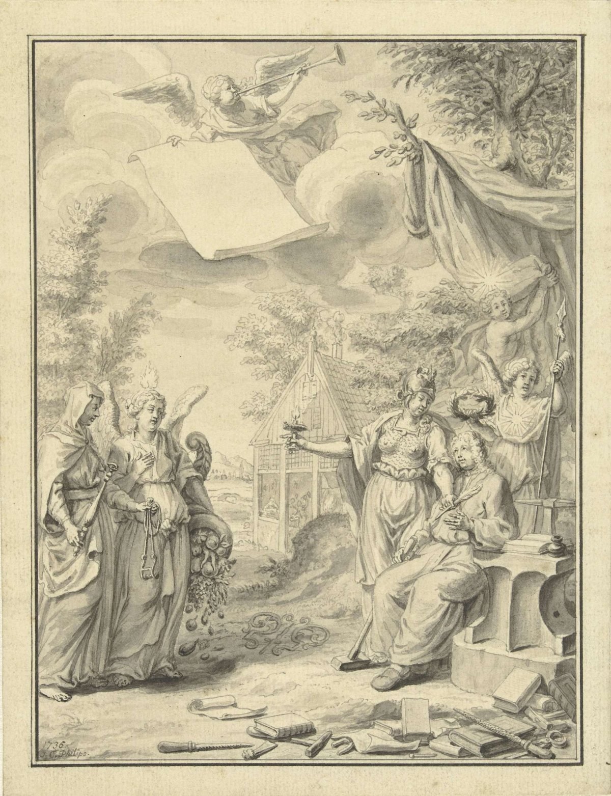 Design for title page for All the Works of Adriaan de Kramer, 1736, Jan Caspar Philips, 1736