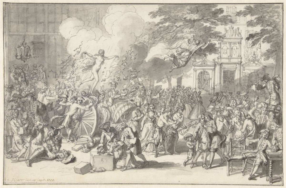 Monument commemorating the folly of the year 1720, Bernard Picart, 1720
