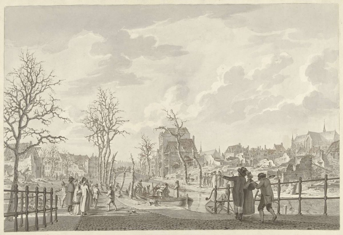 Ruins on the Rapenburg in Leiden, after the Gunpowder Disaster of January 12, 1807, Leendert Overbeek, 1807