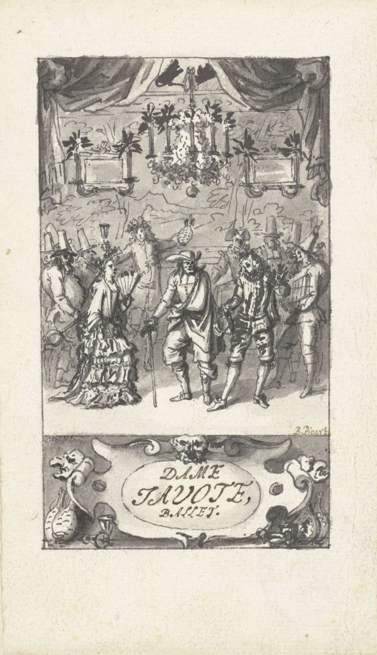 Design for title page of the ballet Dame Tavote, Bernard Picart, 1683 - 1733