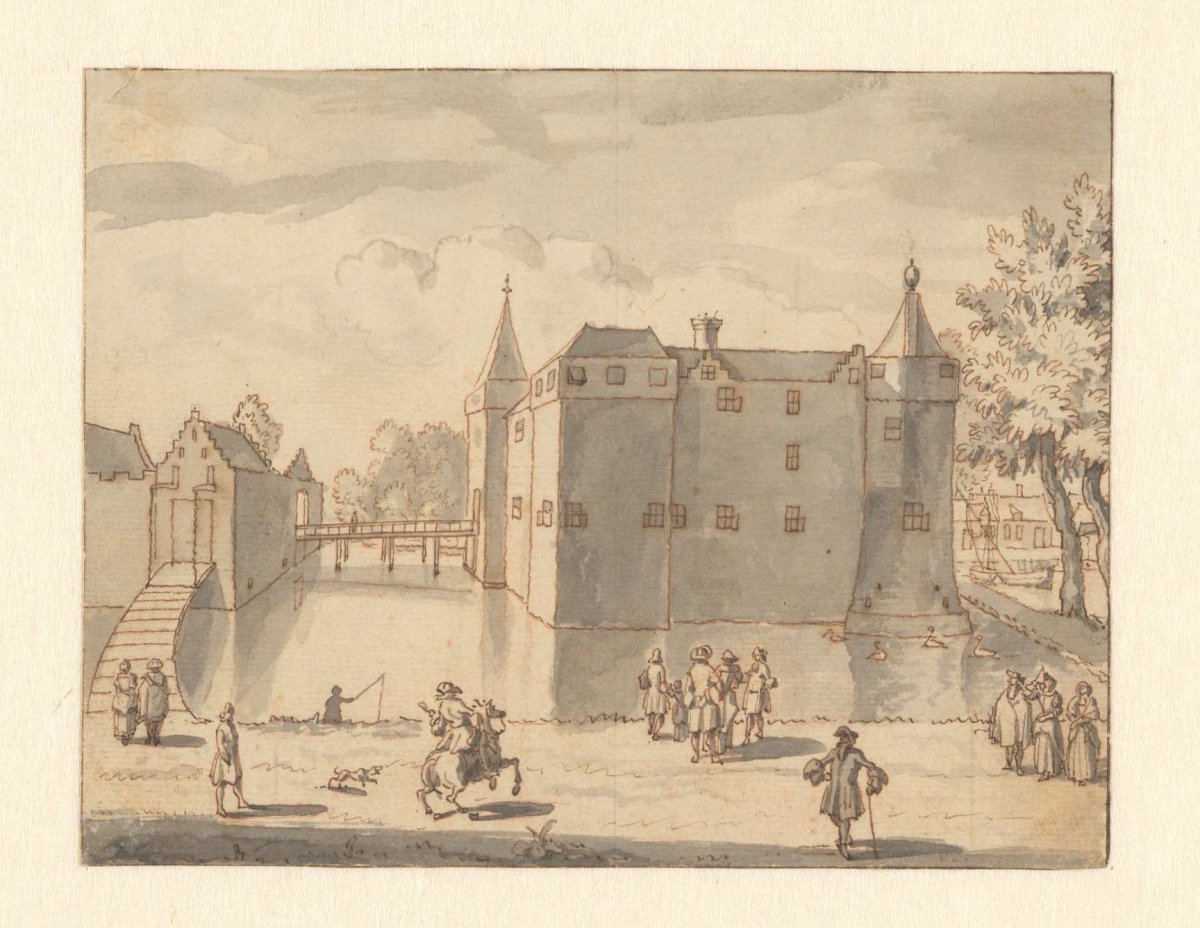 View of a castle with people in the foreground, anonymous, 1700 - 1800