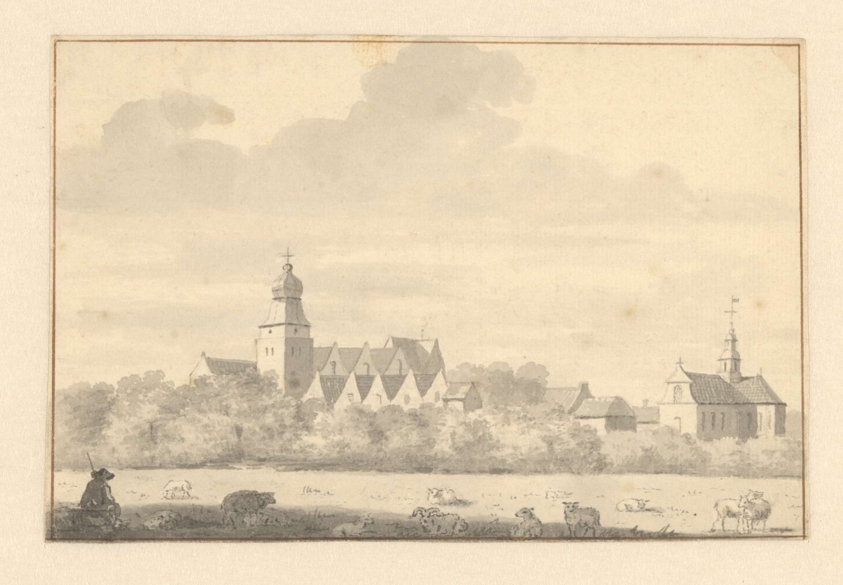 View of a village behind trees, anonymous, 1700 - 1800